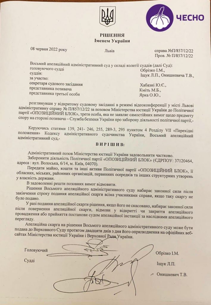 Суд запретил деятельность политической партии «Оппозиционный блок» в Украине